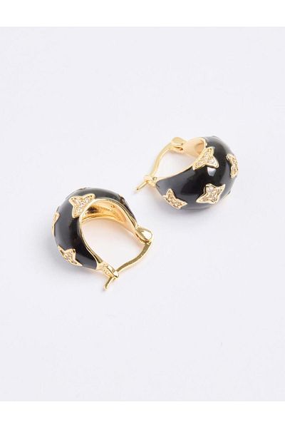 Jimmy Key Black Clover Figured Shiny Stone Half Hoop Earrings