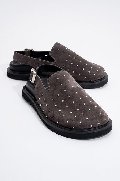 LuviShoes Our Gray Genuine Leather Suede Studded Closed Toe Women's Sandals