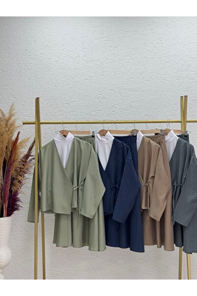 Ebrar Store Mink Colored Nazan Skirt Suit - Side Tie - He8329