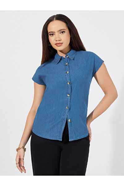 Styli Solid Denim Extended Sleeves Shirt
