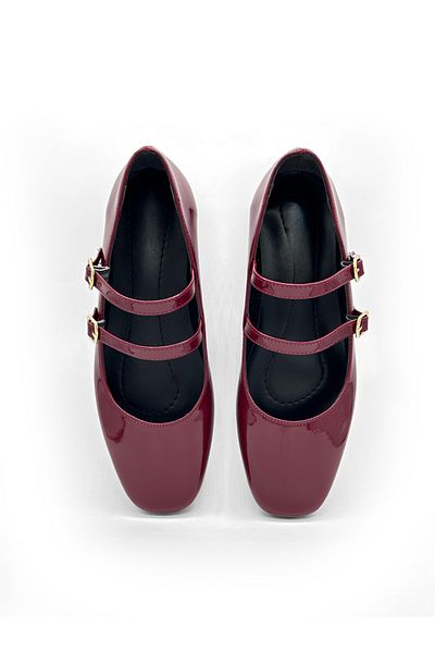 MAGGIO Claret Red Patent Leather Mary Jane Ballerinas - Double Stripe, Comfortable Sole for Women