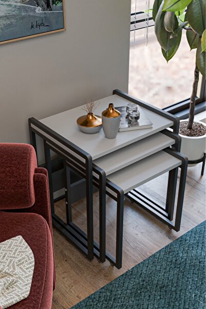 servetavcı 3' lü Zigon Sehpa - Beyaz (Tekerli)