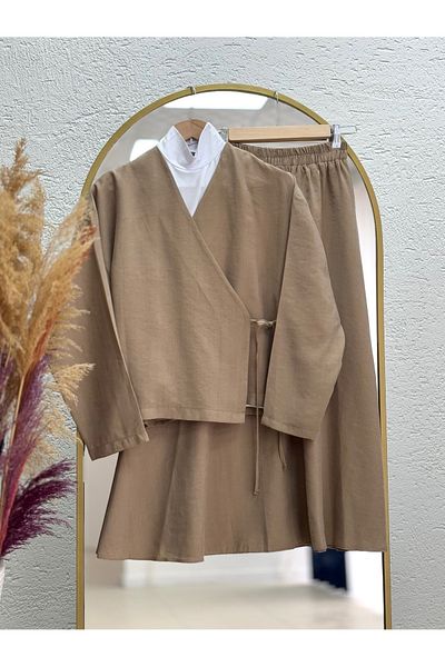 Ebrar Store Mink Colored Nazan Skirt Suit - Side Tie - He8329