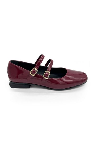 MAGGIO Claret Red Patent Leather Mary Jane Ballerinas - Double Stripe, Comfortable Sole for Women