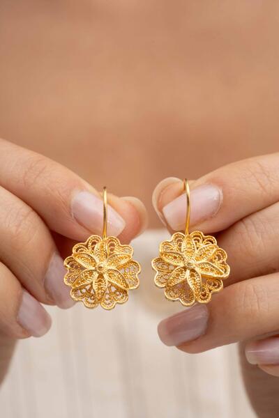 Sümer Telkari Papatya Telkari Altın Kaplama Gümüş Küpe 6169