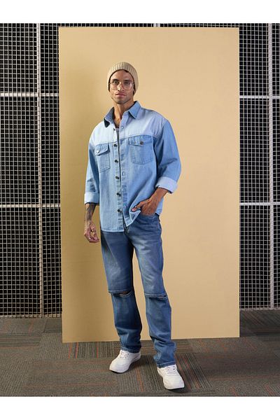 Mascln Sassafras By Styli Color Block Oversized Denim Shacket with Pocket Detail