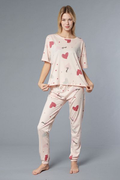 Rubina Secret Heart Pajama Set Love Patterned 100% Cotton Women's Pajama Set - Oversize 4 Seasons [2025- Spring]
