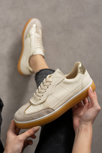 KOTAN Beige Women's Sneakers - Orthopedic Sole, Lace-Up and Comfortable Sneakers