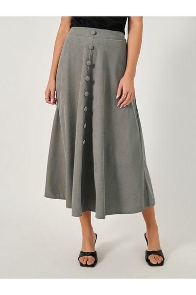 Styli Corduroy Flared Midi Skirt with Button Detail