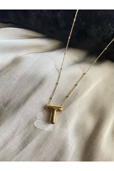 fezzstore قلادة من الفولاذ عيار 316L باللون الذهبي عالي الجودة بحرف "T".