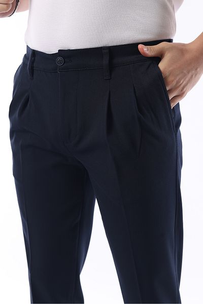 İDS COLLECTİON Men's Pleated Seasonal Lycra Navy Blue Fabric Pants