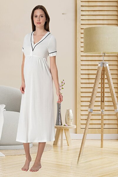 Puerpera Effortt Siyah Biyeli Ekru Lohusa Hamile Gecelik 5093