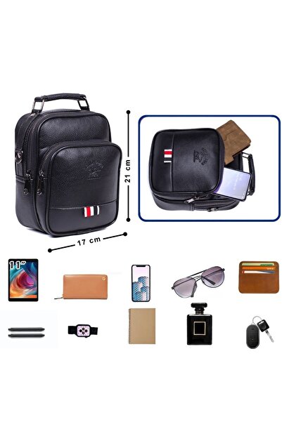 Newish Erkek Siyah Vegan Deri Telefon Bölmeli Çapraz El Ve Omuz Çantası (BÜYÜK BOY)