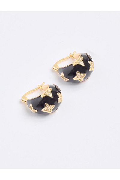Jimmy Key Black Clover Figured Shiny Stone Half Hoop Earrings