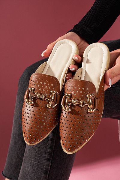 FUGA MODA Pavina Tan Laser Cut Skin Leather Slippers with Gold Accessories