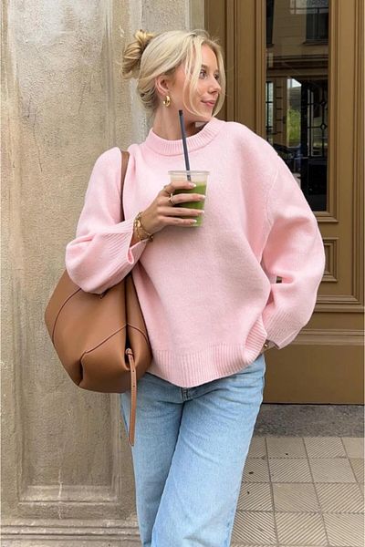 Dier Moda Pink Crew Neck Oversize Knitwear Sweater Fmoda1972