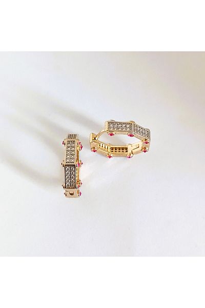 POKAK Serenay Leyla Who Came Who Passed Gold Color Shiny Stone Detailed Brand Hoop Earrings