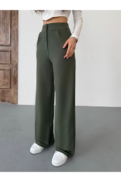 BİKELİFE Khakifarbene, lockere Palazzo-Hose mit weitem Bein für Damen aus Lycra