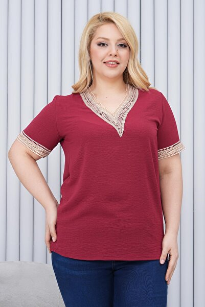 Siyezen Plus Size Lace Detail V-Neck Blouse