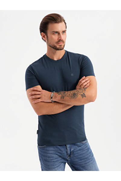 OMBRE Ανδρικό μπλουζάκι SLIM FIT με στρογγυλή λαιμόκοψη και λογότυπο - navy blue V2 OM-TSCT-0220 S