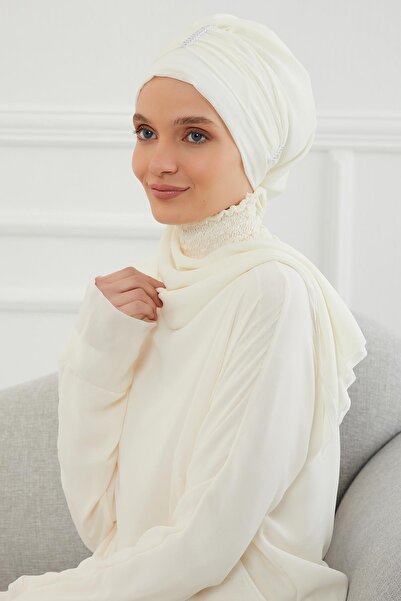 Aisha's Design Renkli Taş Aksesuarlı Şifon Hazır Türban,HT-51,HT-51,Krem