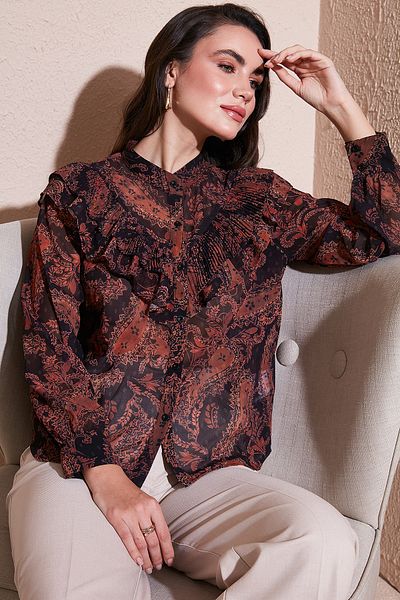 Lela Patterned Standard Fit Judge Collar Chiffon Shirt 611Go00334