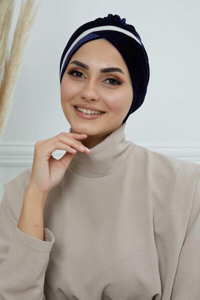 Aisha's Design Bonete din catifea dublă culoare, B-23K, bleumarin - crem