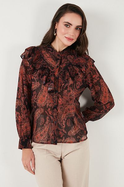 Lela Patterned Standard Fit Judge Collar Chiffon Shirt 611Go00334