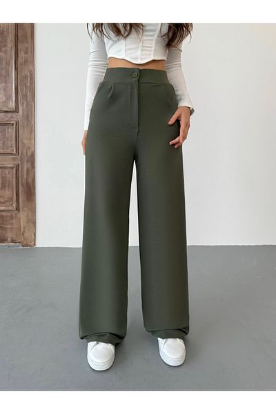 BİKELİFE Khakifarbene, lockere Palazzo-Hose mit weitem Bein für Damen aus Lycra