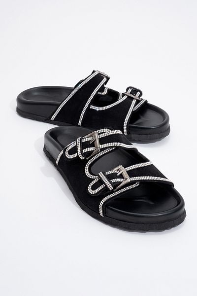 LuviShoes Γυναικείες παντόφλες ALLEN Black Stone Γνήσιο Δερμάτινο Suede