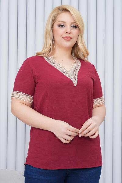 Siyezen Plus Size Lace Detail V-Neck Blouse