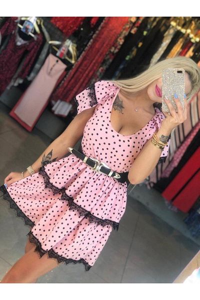 Moka Shopin MokaShopin Γυναικείο φόρεμα με βαθύ στήθος με λεπτομέρεια πουά και δαντέλα