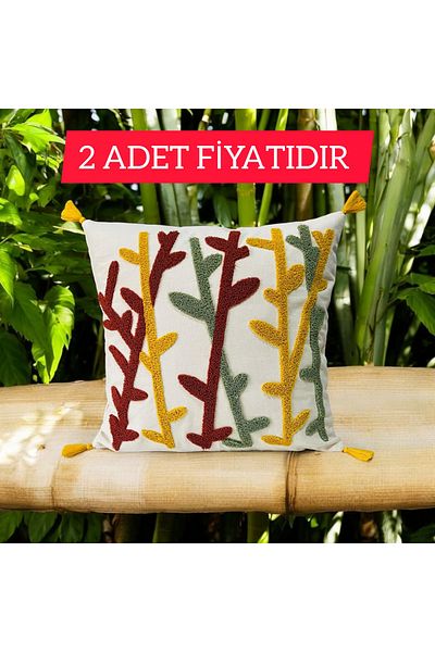 LUWİNO HOME Punch Bamboo Pattern Pompom Throw Pillow 43X43 cm