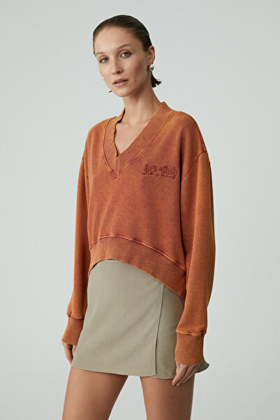 GRIMELANGE Andreita Women's V-Neck Asymmetrical Oversize Orange Sweatshirt