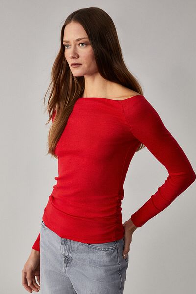GRIMELANGE Sissi Women's Organic Cotton Asymmetrical Neck Red Blouse with Lycra Stretchy Fabric