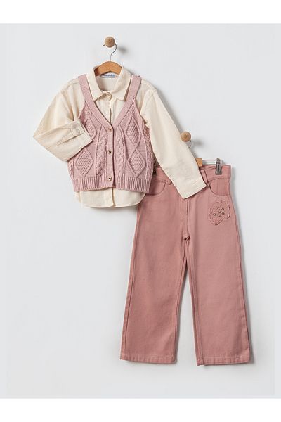 Pasur Bebe Girl's Knitwear Vest Shirt and Trousers 3-Piece Set