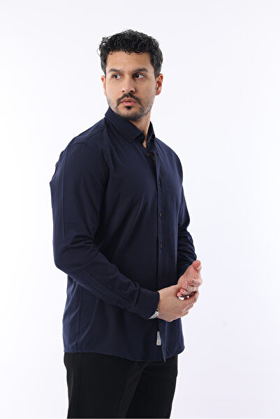 İDS COLLECTİON Erkek Slim Fit Dar Kesim Düğmeli Yaka Keten Görünümlü %100 Pamuk Flamlı Gömlek