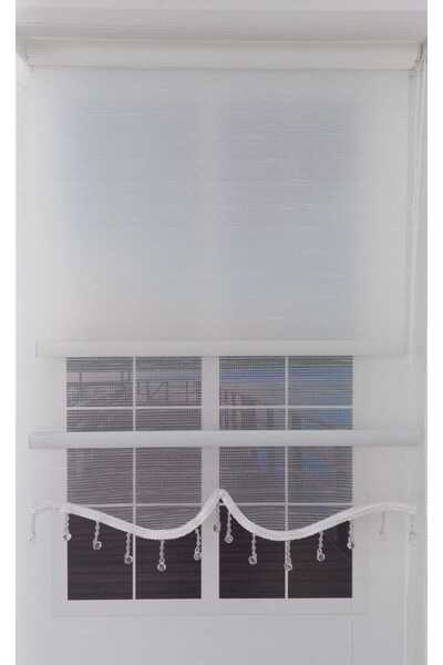 BULUT ÇİFT MEKANİZMALI BEYAZ SİMLİ BONCUKLU TÜL, BEYAZ POLYESTER STOR PERDE