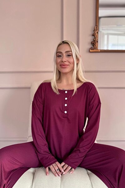 Pijamaevi Mürdüm Dublin Uzun Kollu Patlı Kadın Pijama Takımı