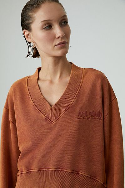 GRIMELANGE Andreita Women's V-Neck Asymmetrical Oversize Orange Sweatshirt
