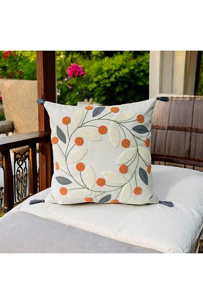 LUWİNO HOME 43X43 cm Gray Daisy Patterned Pompom Throw Pillow