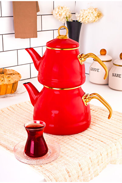 Kulvar Keyfi Ala Emaye Çaydanlık Bondy/kırmız