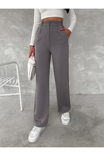 sportiness High Waist Button Closure Lycra Pleated Palazzo Knitted Trousers