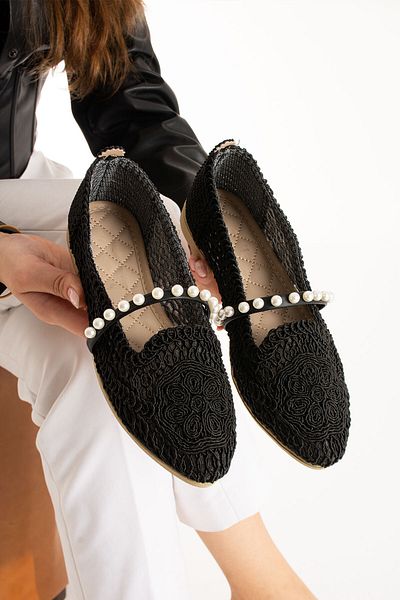 Moda Devrin Pantofi de balet cu perle împletite negre pentru femei pentru acasă și în aer liber