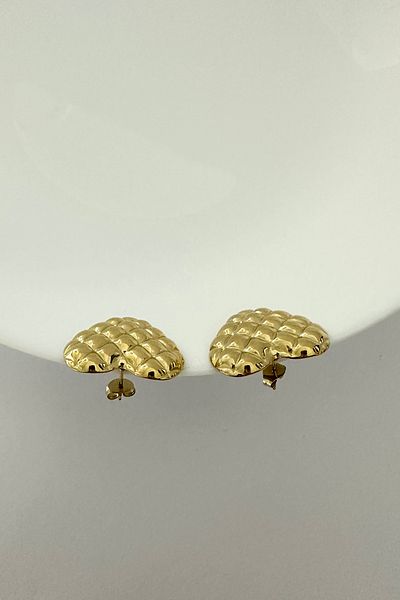 DELEIZA ACCESSORY Steel Gold Heart Check Pattern Earrings