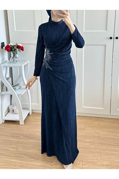 Modamorfo فستان سهرة طويل لامع مع تفاصيل حجرية على شكل نجمة في الخصر - كحلي