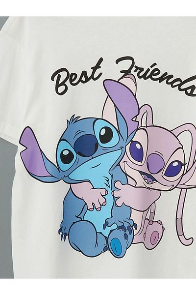 LC Waikiki Dívčí tričko LCW Kids Ecru Crew Neck Lilo a Stitch s potiskem