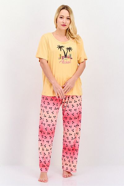 Comfort by Real Women 2 Pcs Graphic Print Pajama Set, Orange Combo