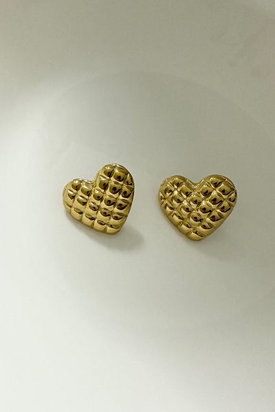DELEIZA ACCESSORY Steel Gold Heart Check Pattern Earrings