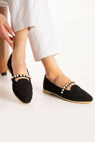 Moda Devrin Pantofi de balet cu perle împletite negre pentru femei pentru acasă și în aer liber